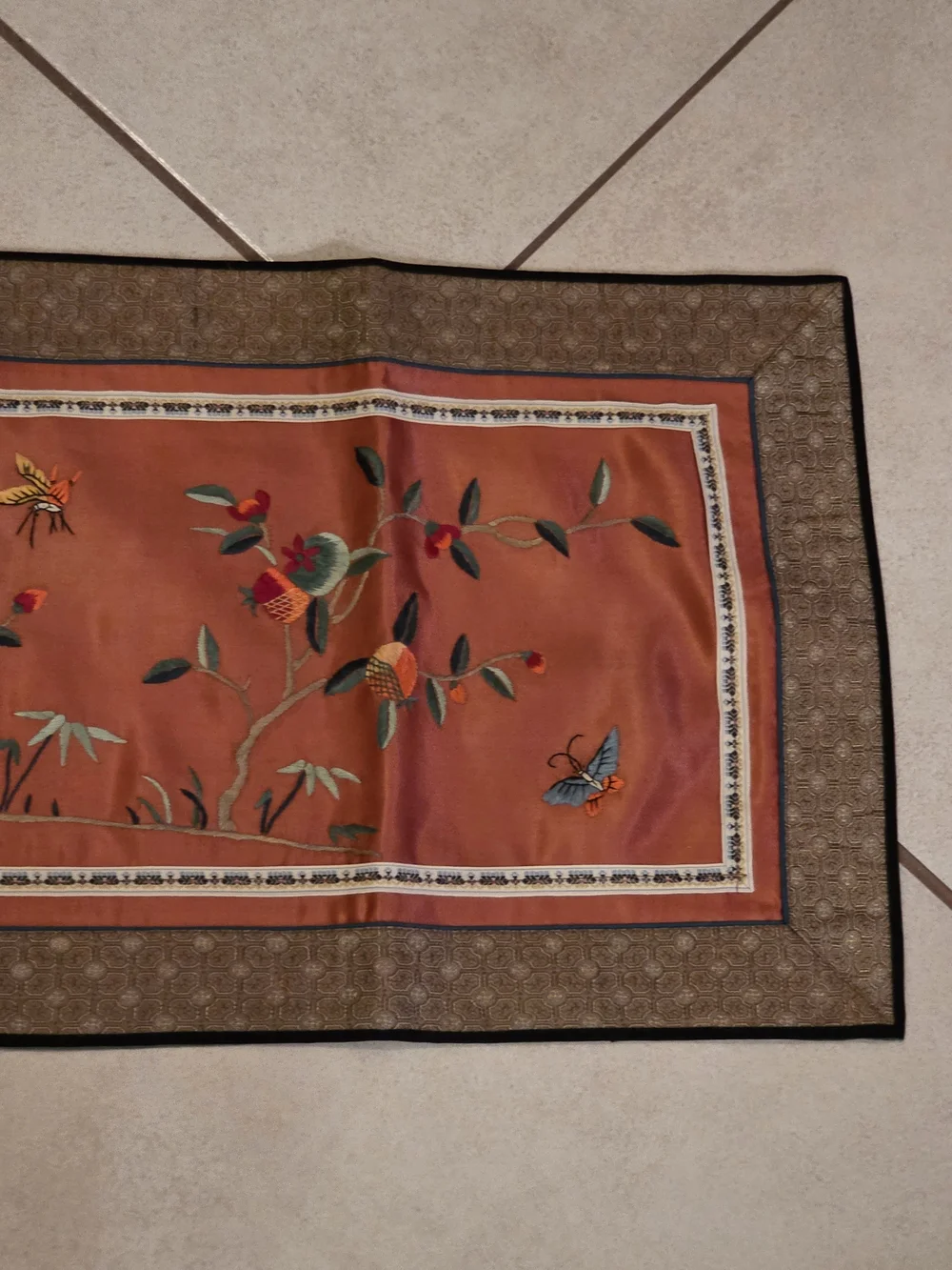 Chinese Silk Embroidered Birds Floral Panel Tapestry Table Runner 70